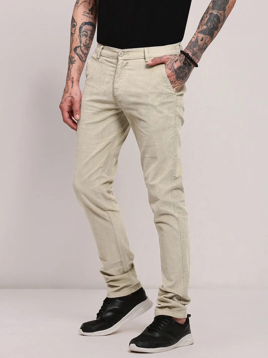 Men's Khaki Solid Trousers Recycled Polyester Blend Movement Comfort