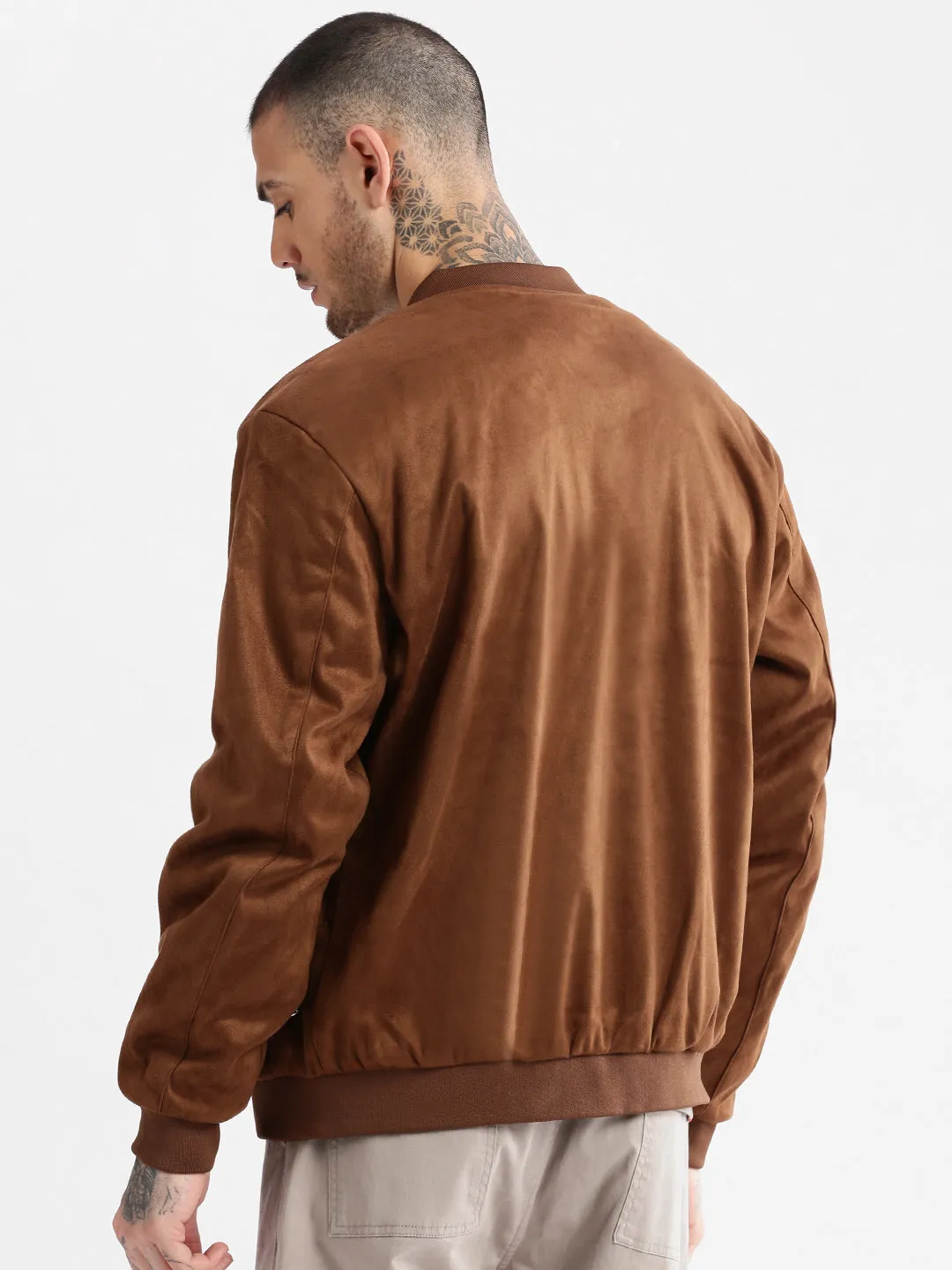 Athletic Tailored Fit Contoured Silhouette Men's Mandarin Collar Brown Solid Bomber Jacket