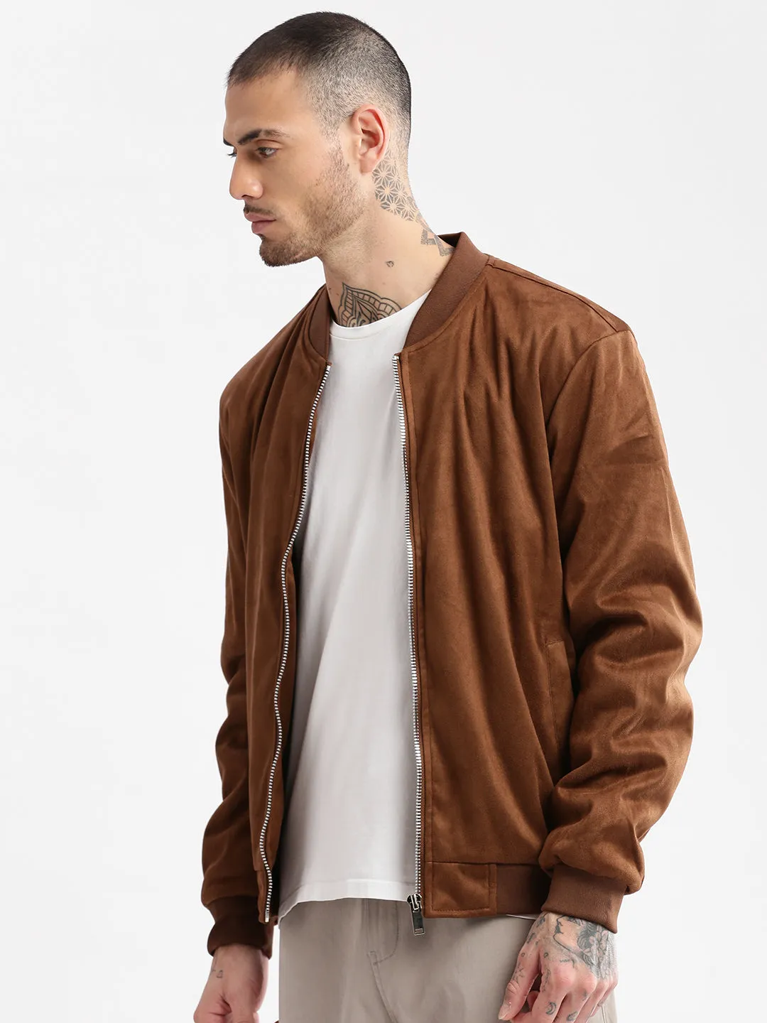 Men's Mandarin Collar Brown Solid Bomber Jacket Trendy Must Have Compression Panels