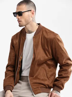 Enhanced Edge Binding Men's Mandarin Collar Brown Solid Bomber Jacket