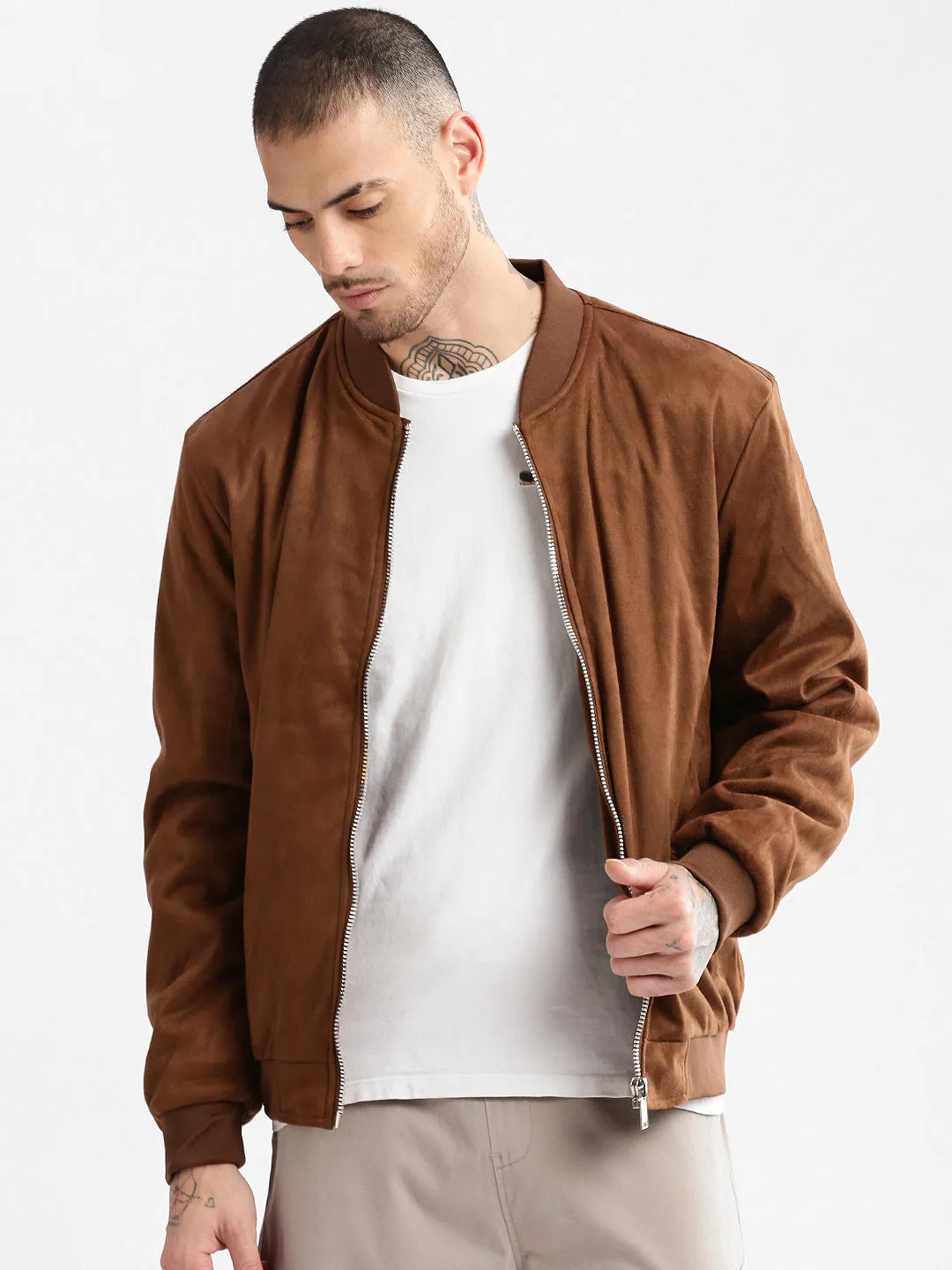 Men's Mandarin Collar Brown Solid Bomber Jacket Sleek Layers