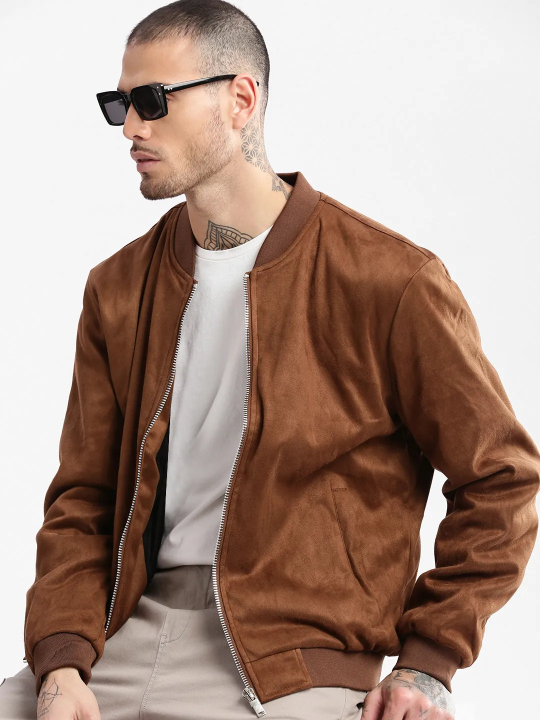 Enhanced Edge Binding Men's Mandarin Collar Brown Solid Bomber Jacket