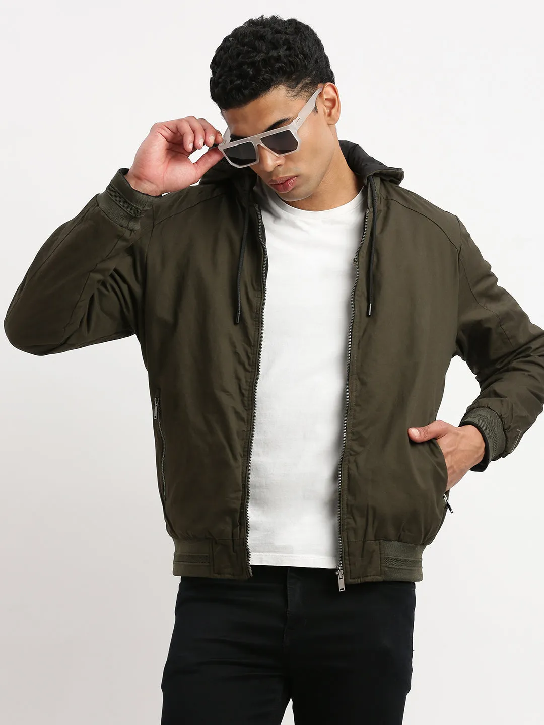 Men's Mandarin Collar Green Solid Reversible Bomber Jacket comes with Detachable Hoodie Mild Weather Layer Hidden Storage Compartment