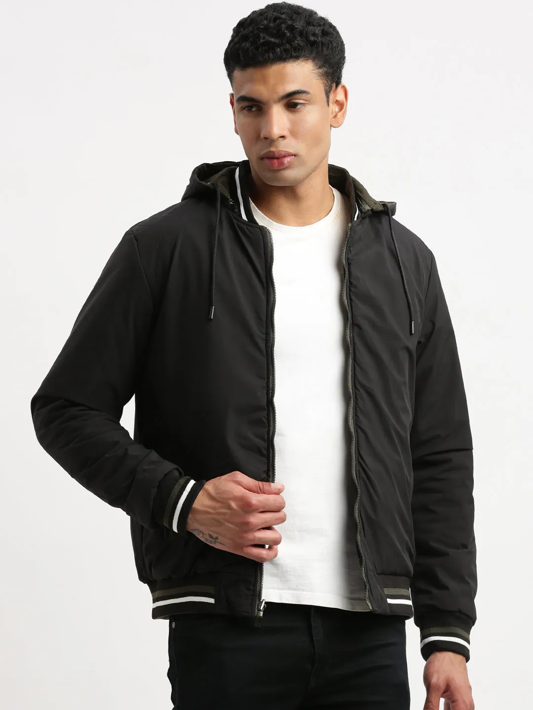 Men's Mandarin Collar Green Solid Reversible Bomber Jacket comes with Detachable Hoodie Noise Reducing Fabric Compression Fit Technology