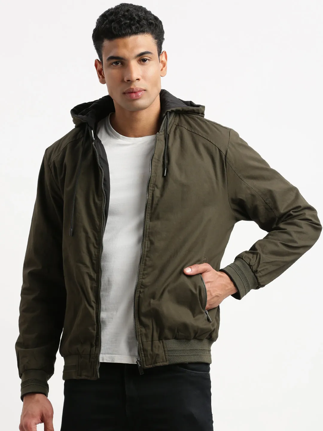 Men's Mandarin Collar Green Solid Reversible Bomber Jacket comes with Detachable Hoodie Fashion Use