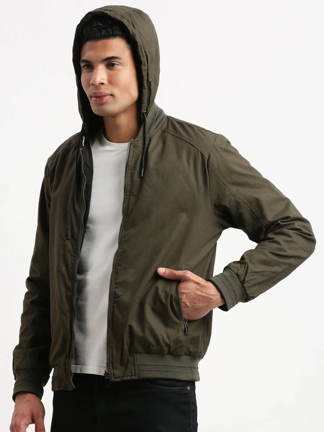 Men's Mandarin Collar Green Solid Reversible Bomber Jacket comes with Detachable Hoodie Layered Comfort Look Glow In The Dark Accents