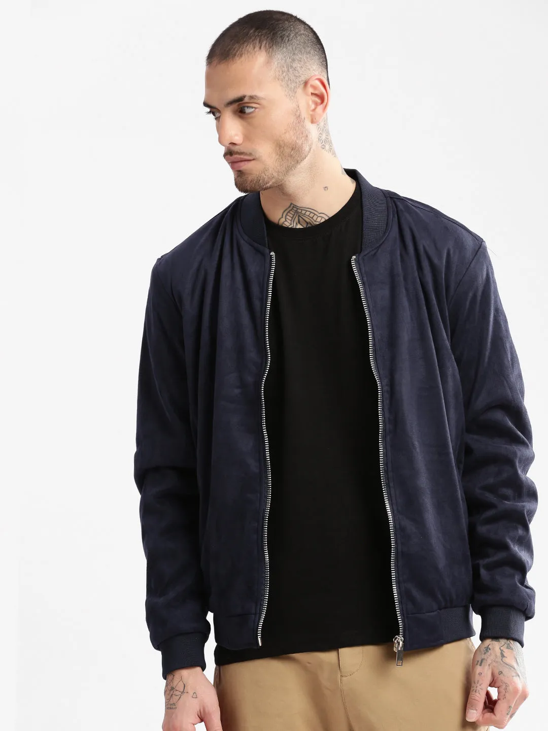 Men's Mandarin Collar Navy Blue Solid Bomber Jacket Modular Attachment System Ventilated Back