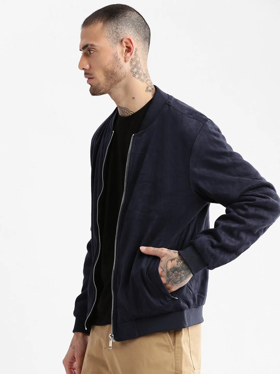 Men's Mandarin Collar Navy Blue Solid Bomber Jacket Soft Interior Coating DurableStitching