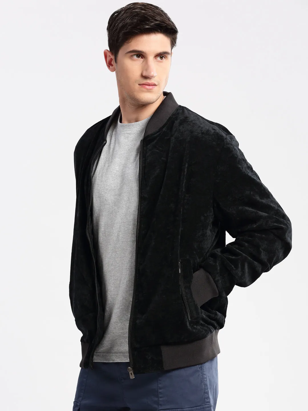 AdjustableHood Heat Reflective Lining Men's Mandarin Collar Solid Navy Blue Bomber Jacket