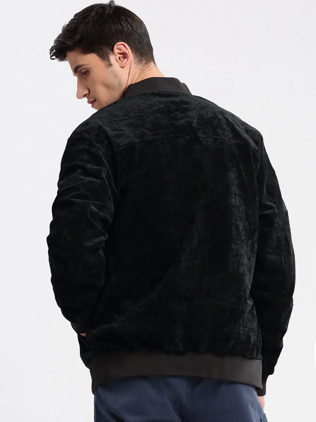 Men's Mandarin Collar Solid Navy Blue Bomber Jacket Tailored Silhouette All Day Wear