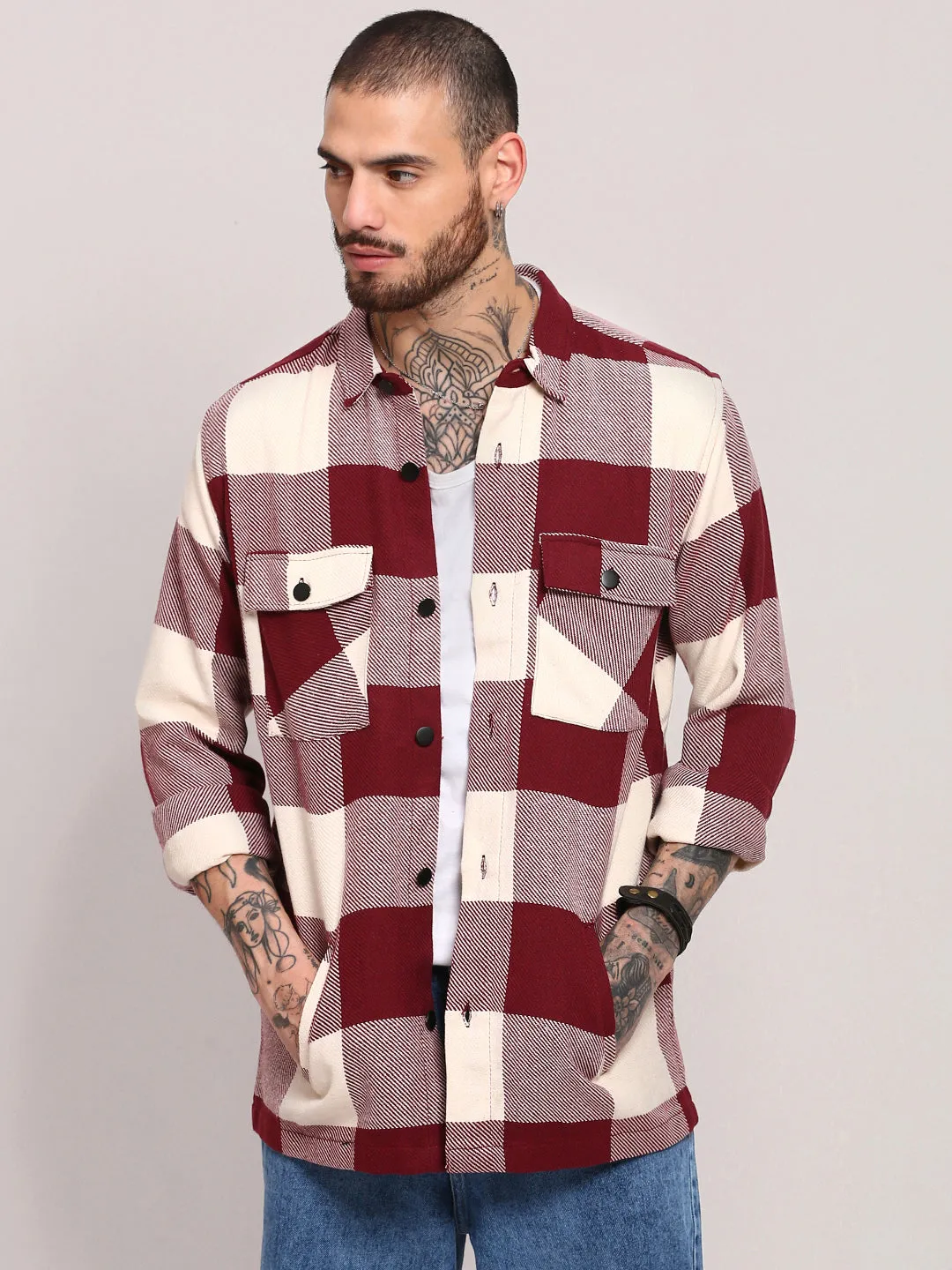 Men's Maroon Checked Shacket Light Fashion