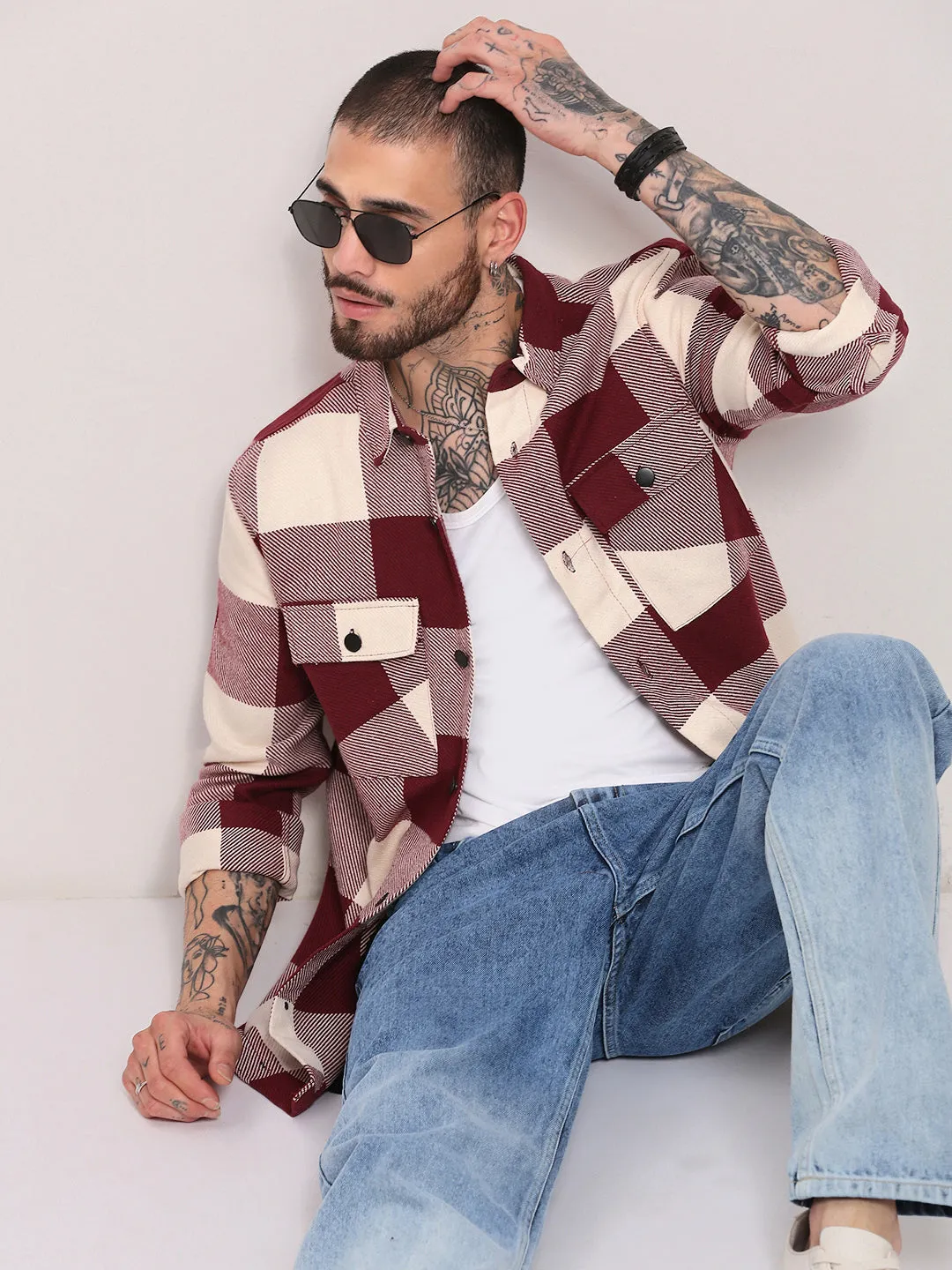 Minimalist Wear Men's Maroon Checked Shacket