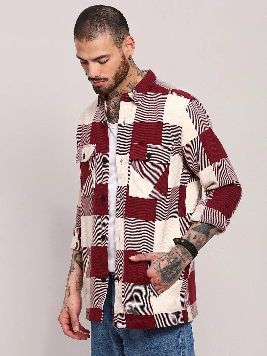 Men's Maroon Checked Shacket TexturedWeavePattern