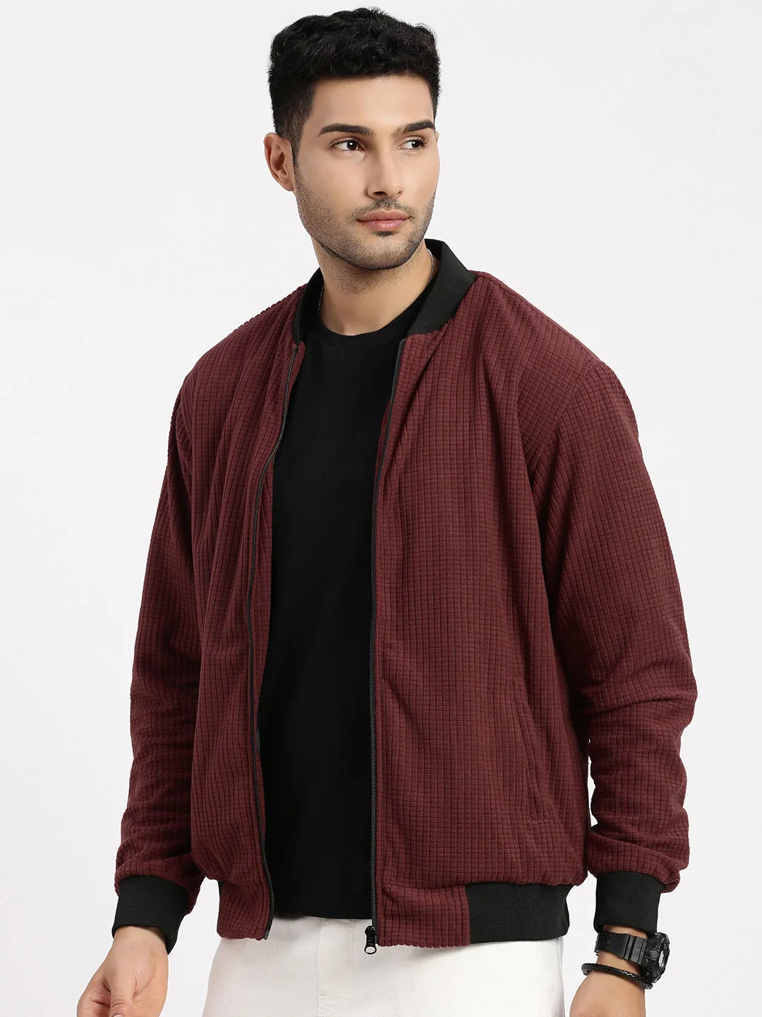 Men's Maroon Solid Bomber Jacket Outdoor Adventure