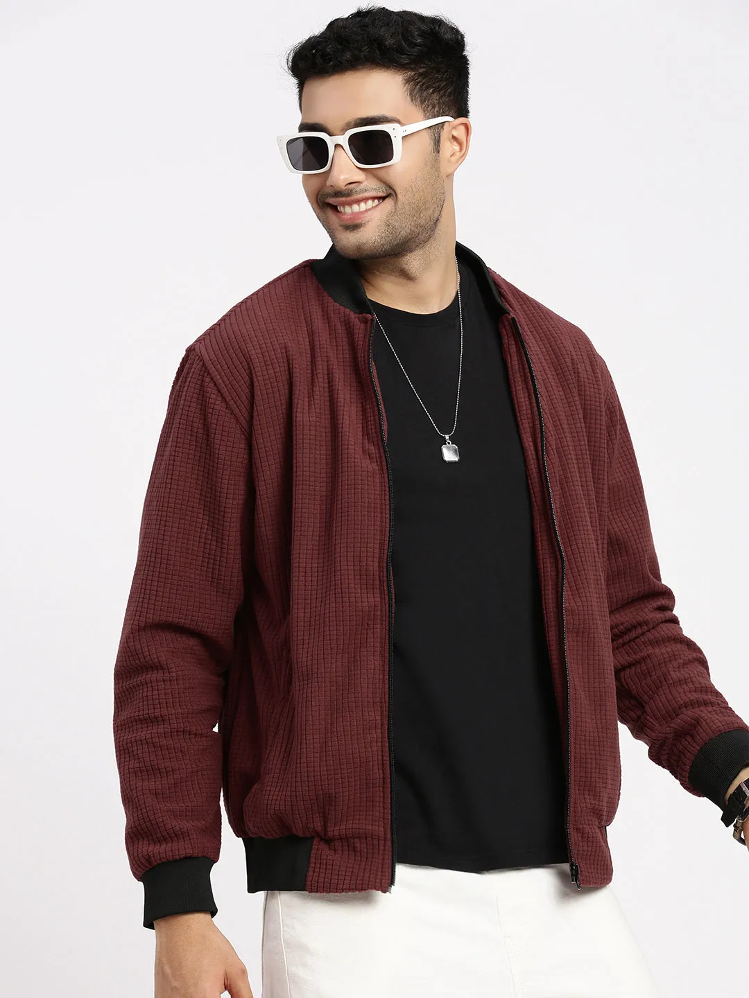 Quilted Interior Cozy Street Style Men's Maroon Solid Bomber Jacket