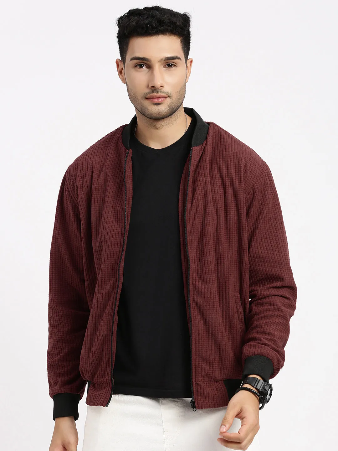 Men's Maroon Solid Bomber Jacket Anti Pilling Surface Moisture Wicking Inner