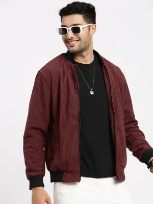 Quilted Interior Cozy Street Style Men's Maroon Solid Bomber Jacket
