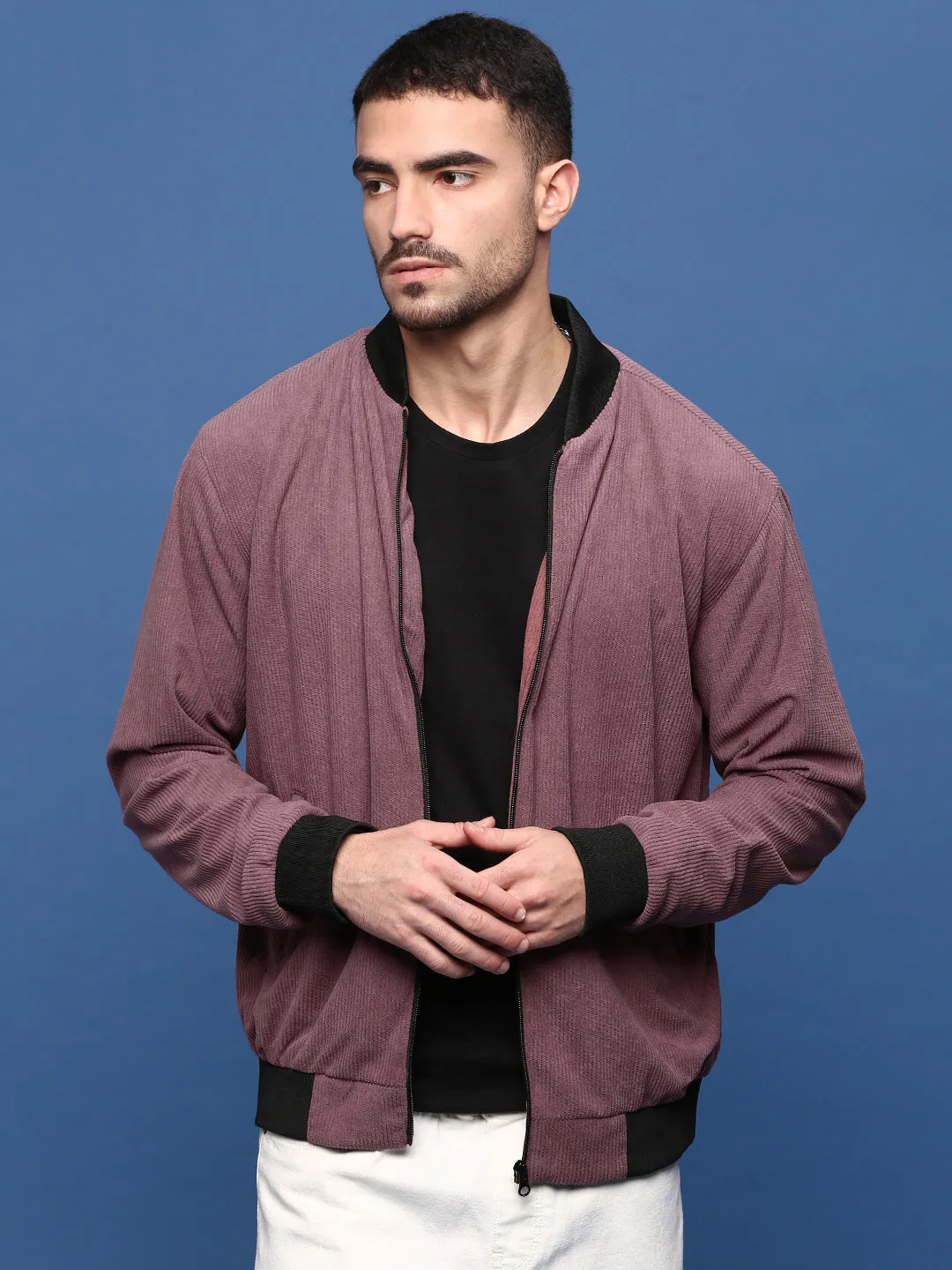 Sleek Outer Men's Mauve Corduroy Windcheater Bomber Jacket