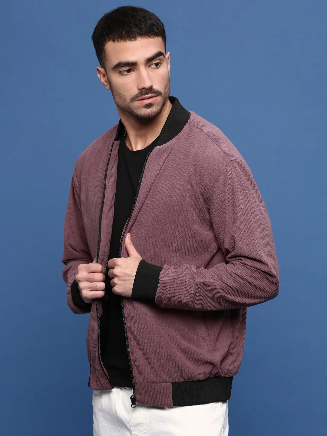 Men's Mauve Corduroy Windcheater Bomber Jacket Double Layer Protection
