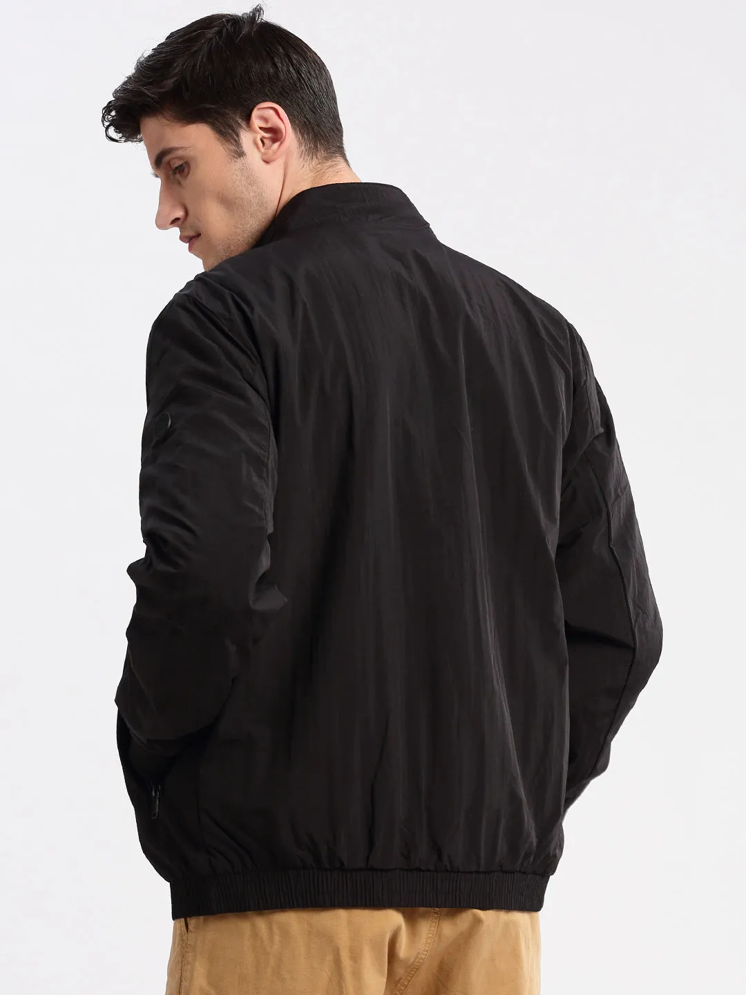 Travel Street Style Men's Mock Collar Black Slim-Fit Bomber Jacket