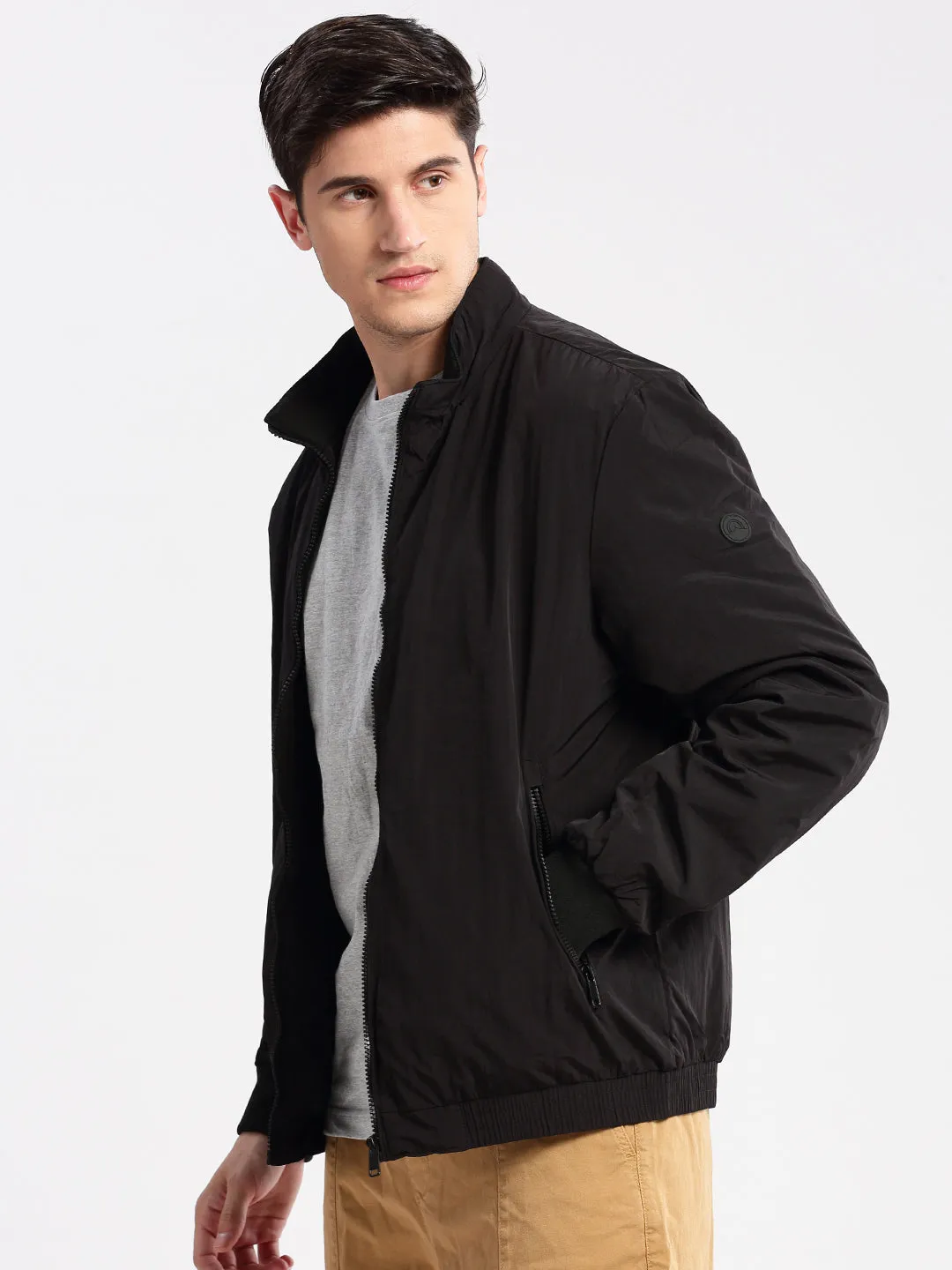 Anti Pilling Textile Men's Mock Collar Black Slim-Fit Bomber Jacket