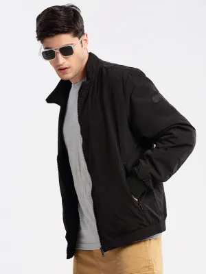 HighCollarDesign Men's Mock Collar Black Slim-Fit Bomber Jacket