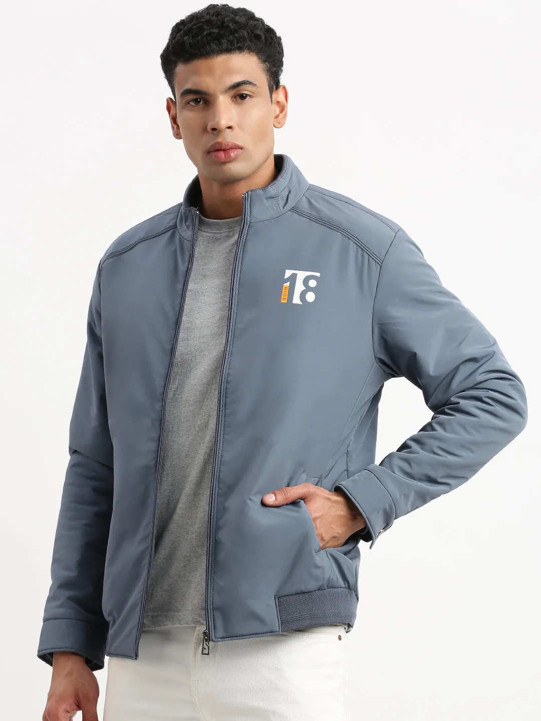 Flexible Layer System Men's Mock Collar Blue Solid Bomber Jacket