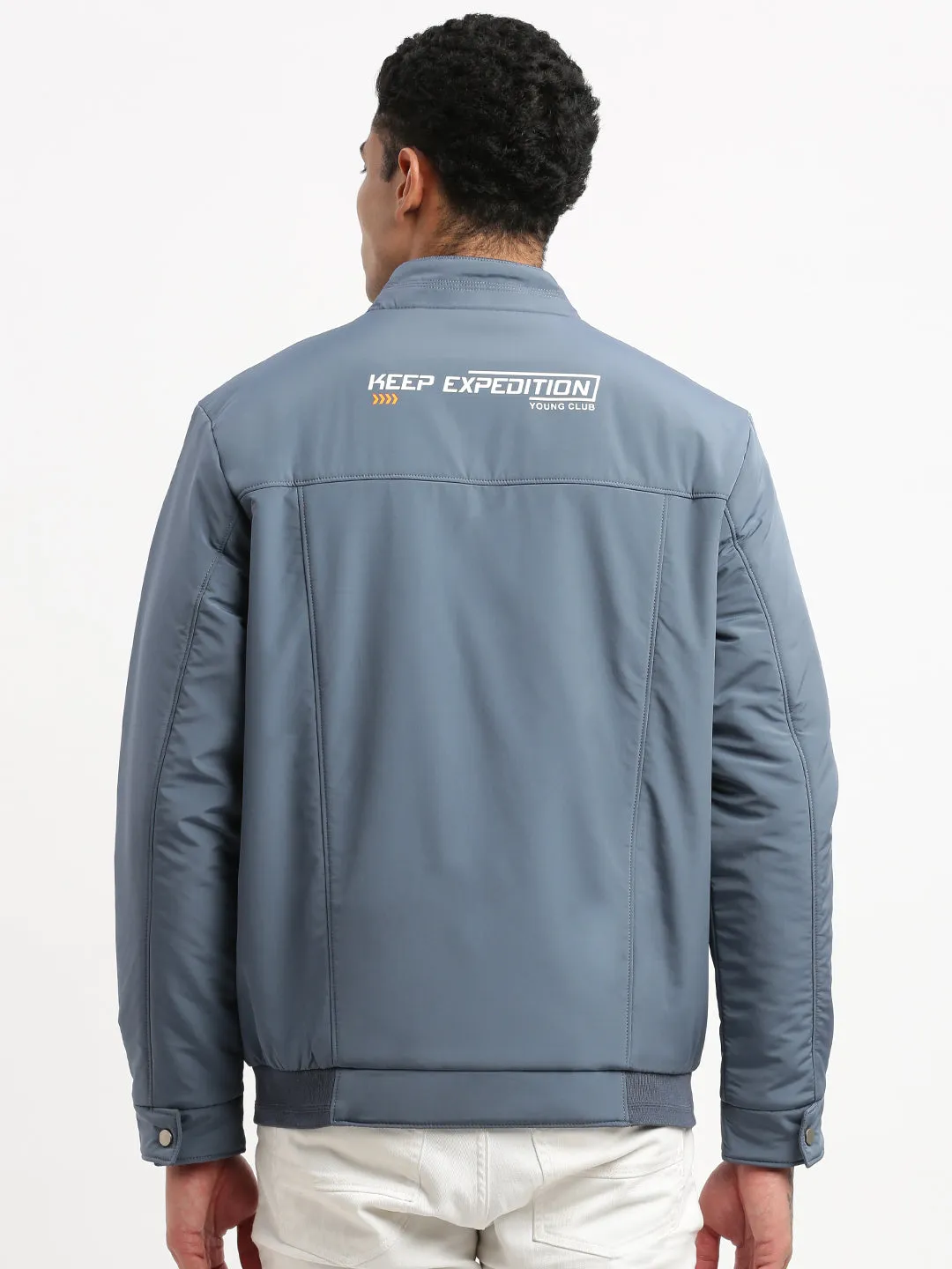 Clean Outer Polished Casual Men's Mock Collar Blue Solid Bomber Jacket