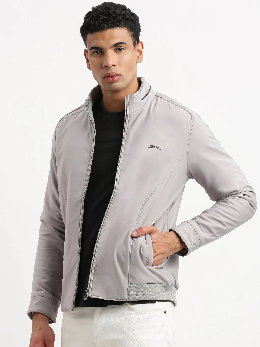 Men's Mock Collar Grey Graphic Bomber Jacket HighVisibility Trims