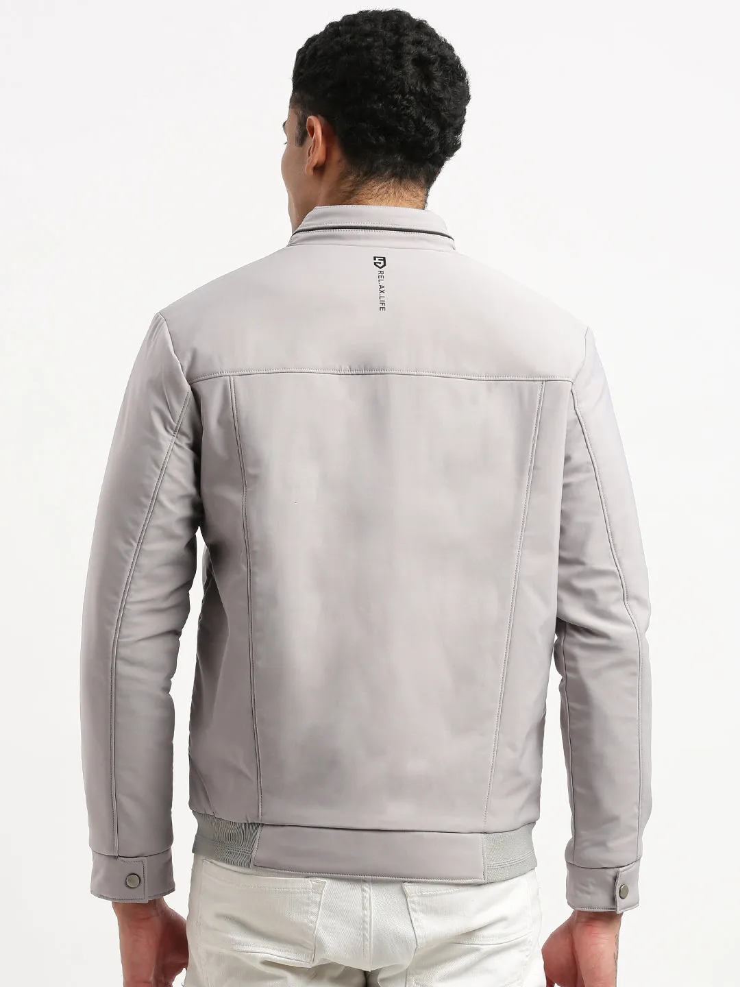 Men's Mock Collar Grey Graphic Bomber Jacket ElasticizedWaistbandSystem