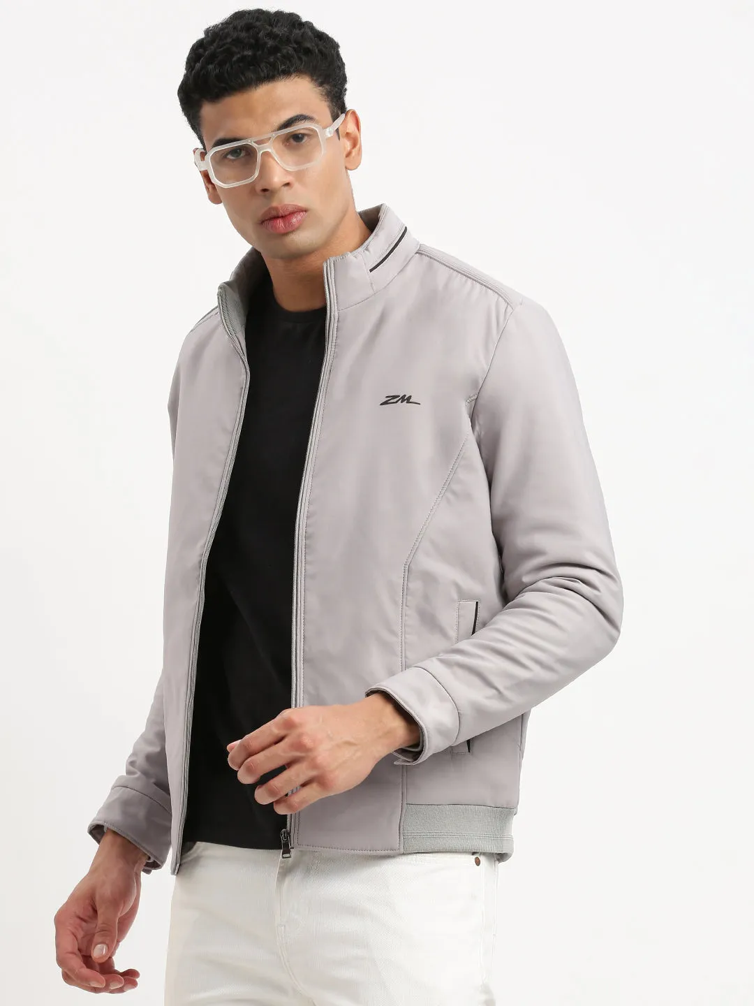 Button Fastenings Weatherproof Zippers Men's Mock Collar Grey Graphic Bomber Jacket
