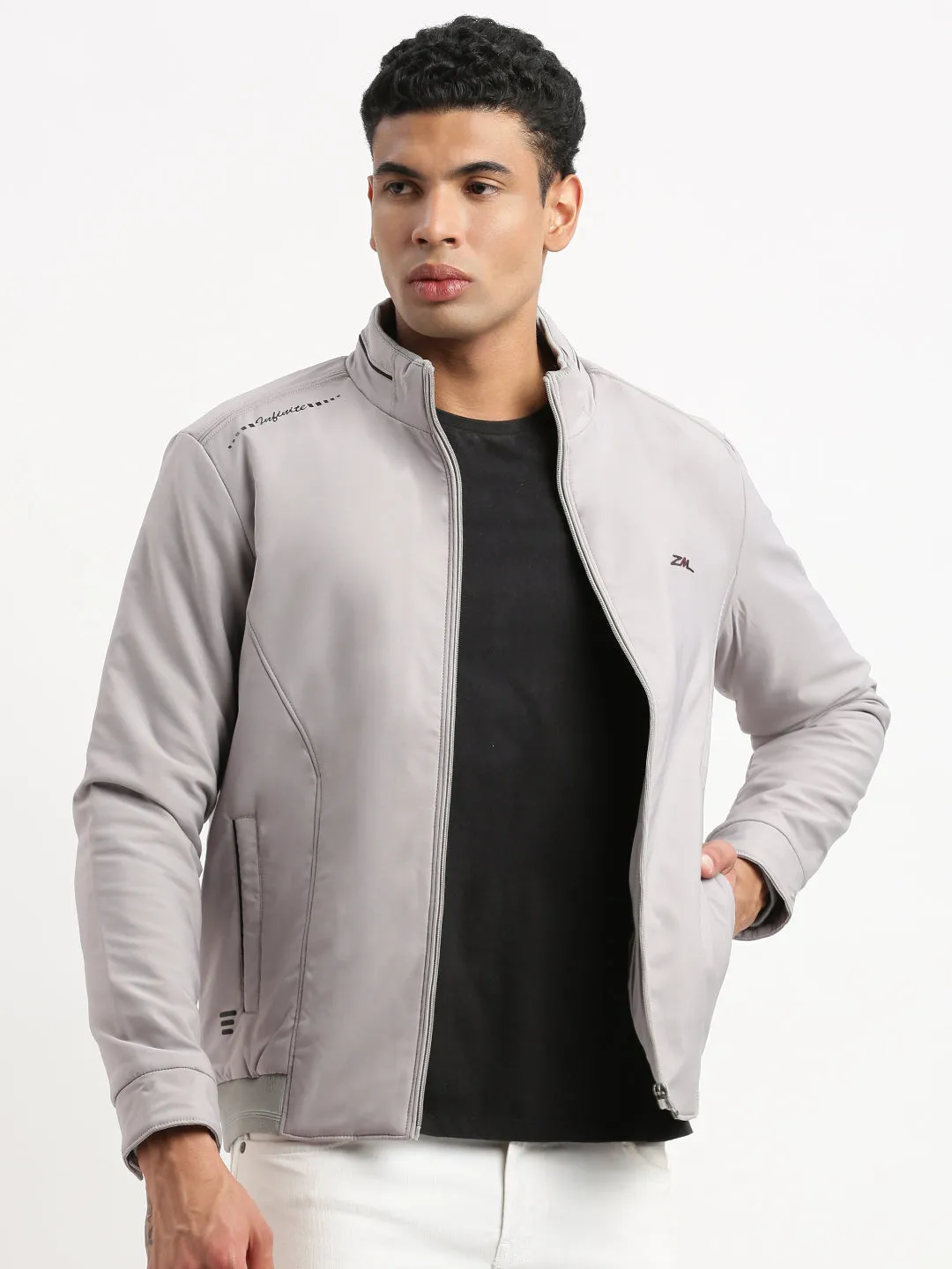 Vegan Leather Accents Convertible Collar Style Men's Mock Collar Grey Graphic Bomber Jacket