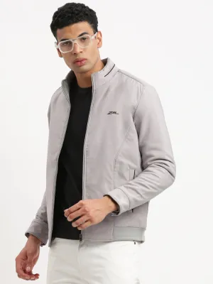 Button Fastenings Weatherproof Zippers Men's Mock Collar Grey Graphic Bomber Jacket
