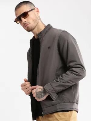 Men's Mock Collar Grey Solid Bomber Jacket Survival Use Compact Packable