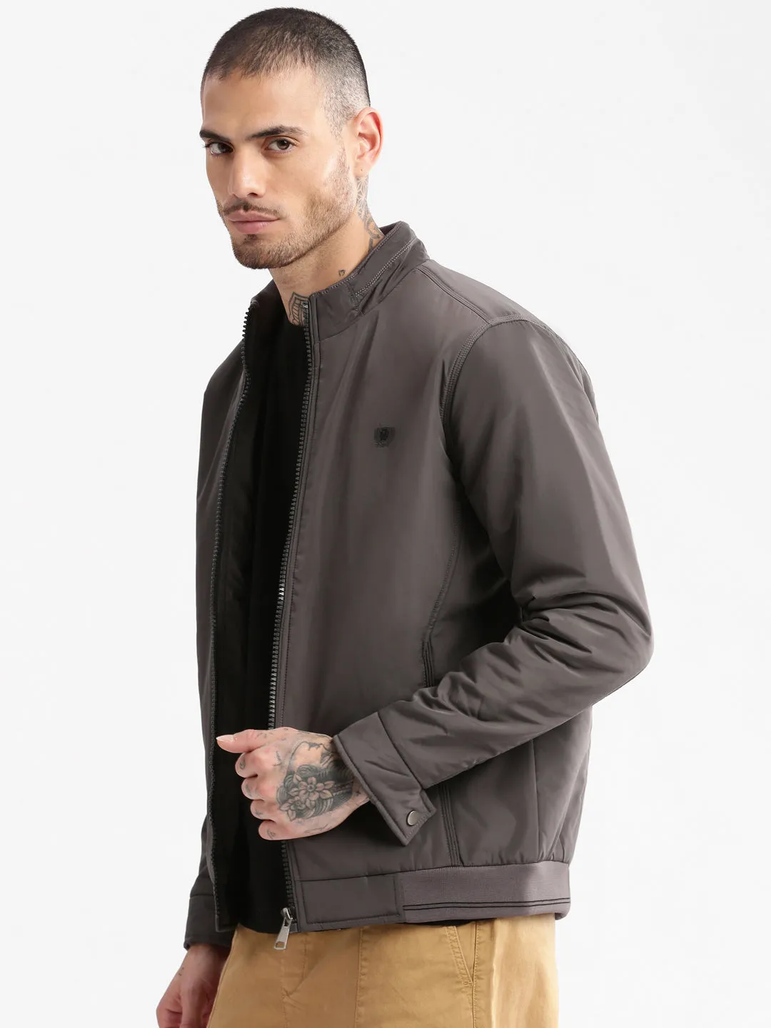 MoistureWickingTechnology OdorResistantFabric Men's Mock Collar Grey Solid Bomber Jacket