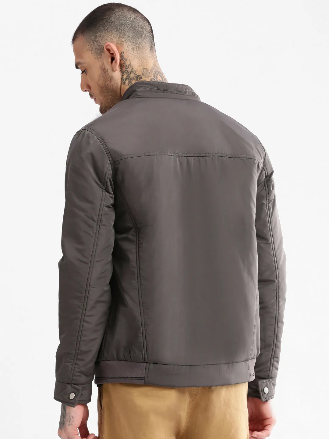 AdjustableHood Crisp Look Men's Mock Collar Grey Solid Bomber Jacket