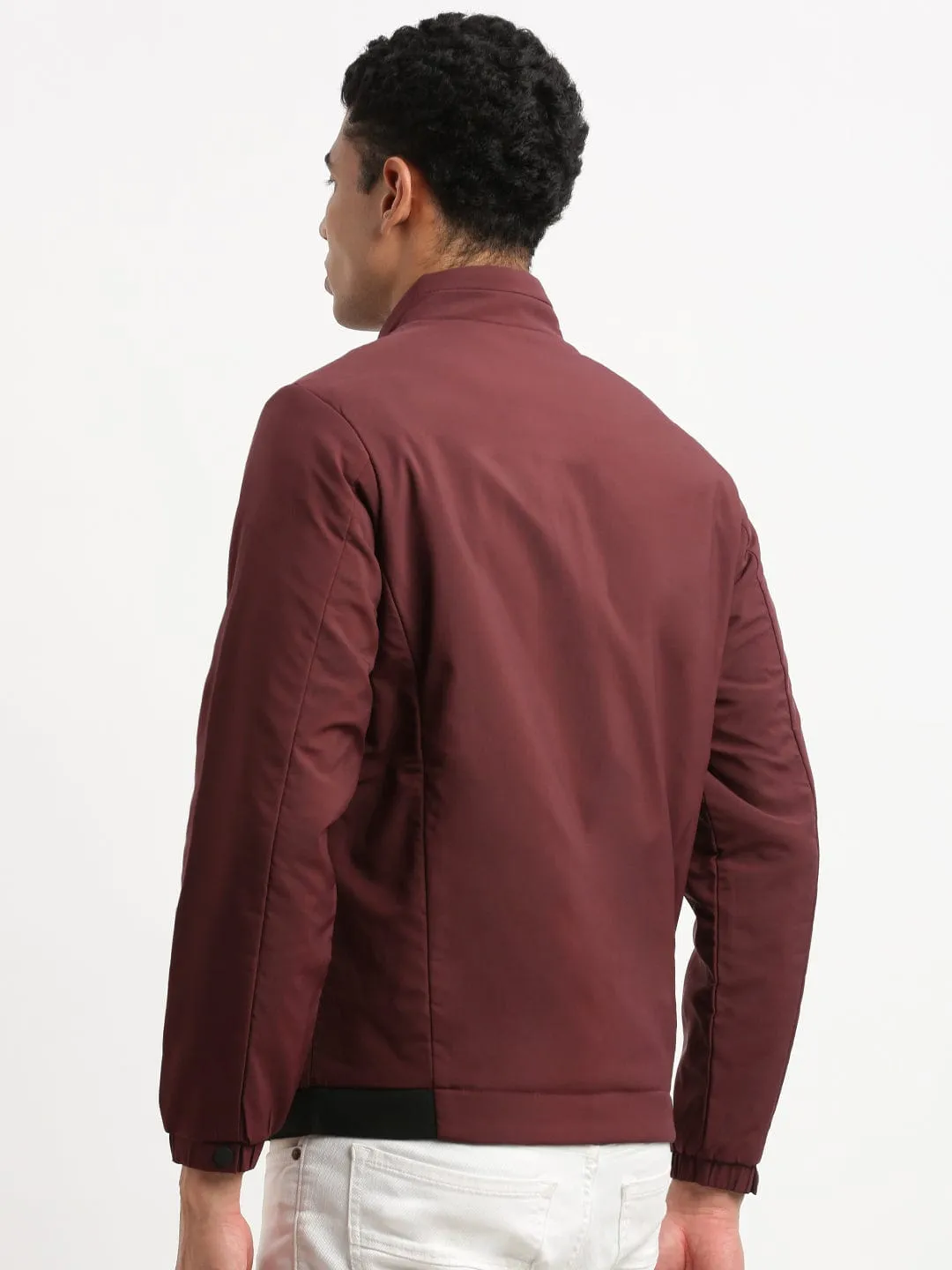 Men's Mock Collar Maroon Casual Solid Bomber Jacket Sleek Utility Multi Pocket System
