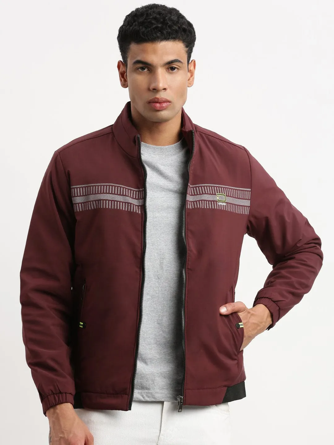 Simple Outer Men's Mock Collar Maroon Casual Solid Bomber Jacket