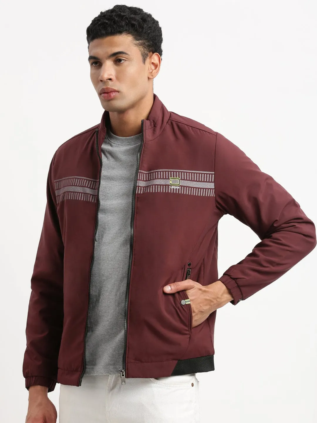 Light Reflective Zippers Temperature Regulating Fabric Men's Mock Collar Maroon Casual Solid Bomber Jacket