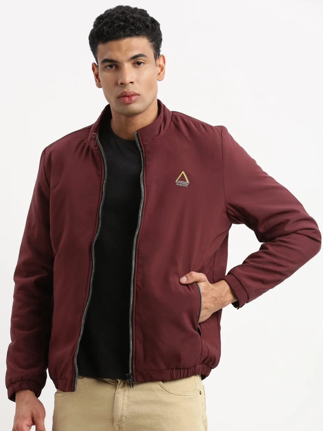 Men's Mock Collar Maroon Solid Casual Bomber Jacket Wet Wicking