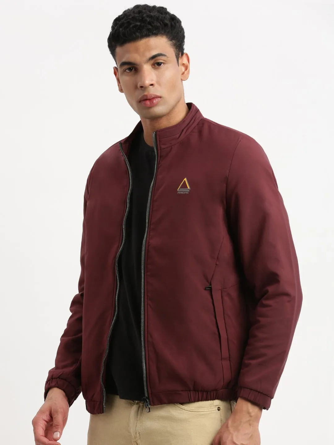 Men's Mock Collar Maroon Solid Casual Bomber Jacket Heat Reflective Tech anti slip grip