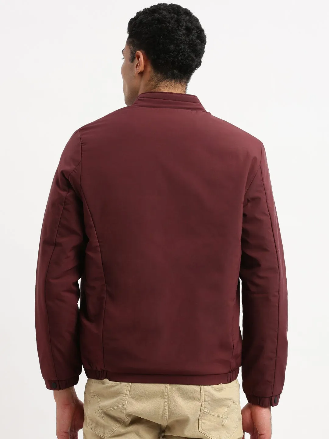 Men's Mock Collar Maroon Solid Casual Bomber Jacket Modular Layering System
