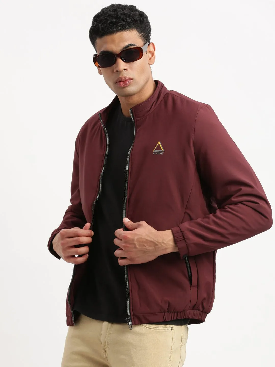Men's Mock Collar Maroon Solid Casual Bomber Jacket Teflon Finish