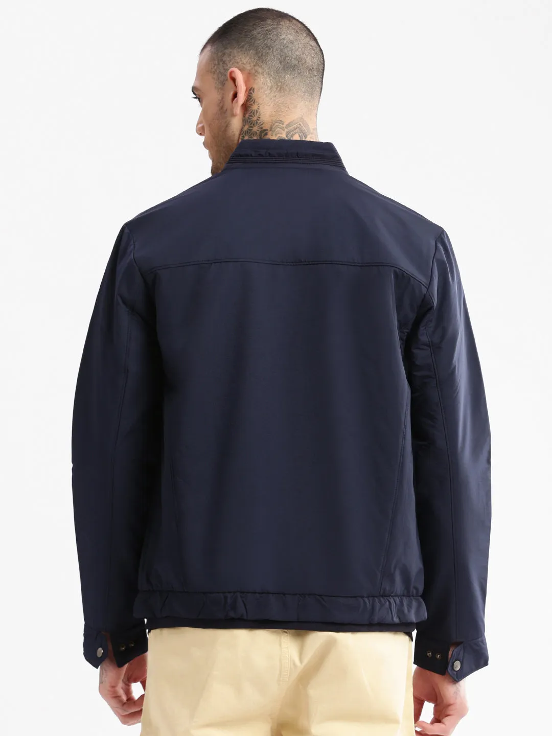 Men's Mock Collar Navy Blue Classic Bomber Jacket Adventure Day Look SiliconeGrip