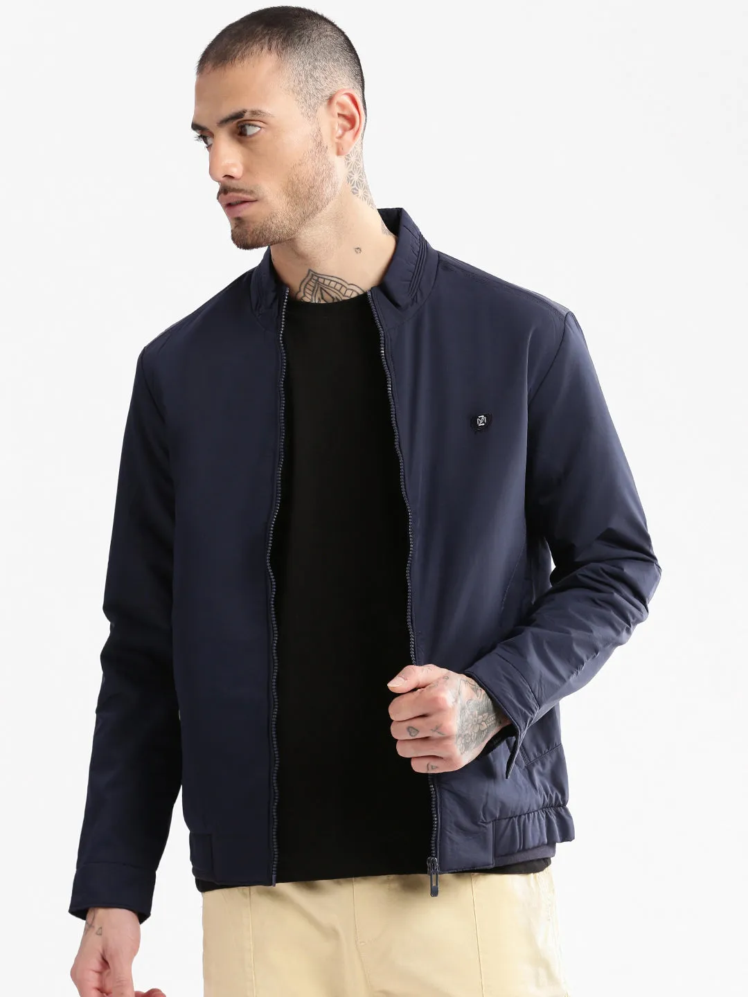 On The Go Layer Men's Mock Collar Navy Blue Classic Bomber Jacket