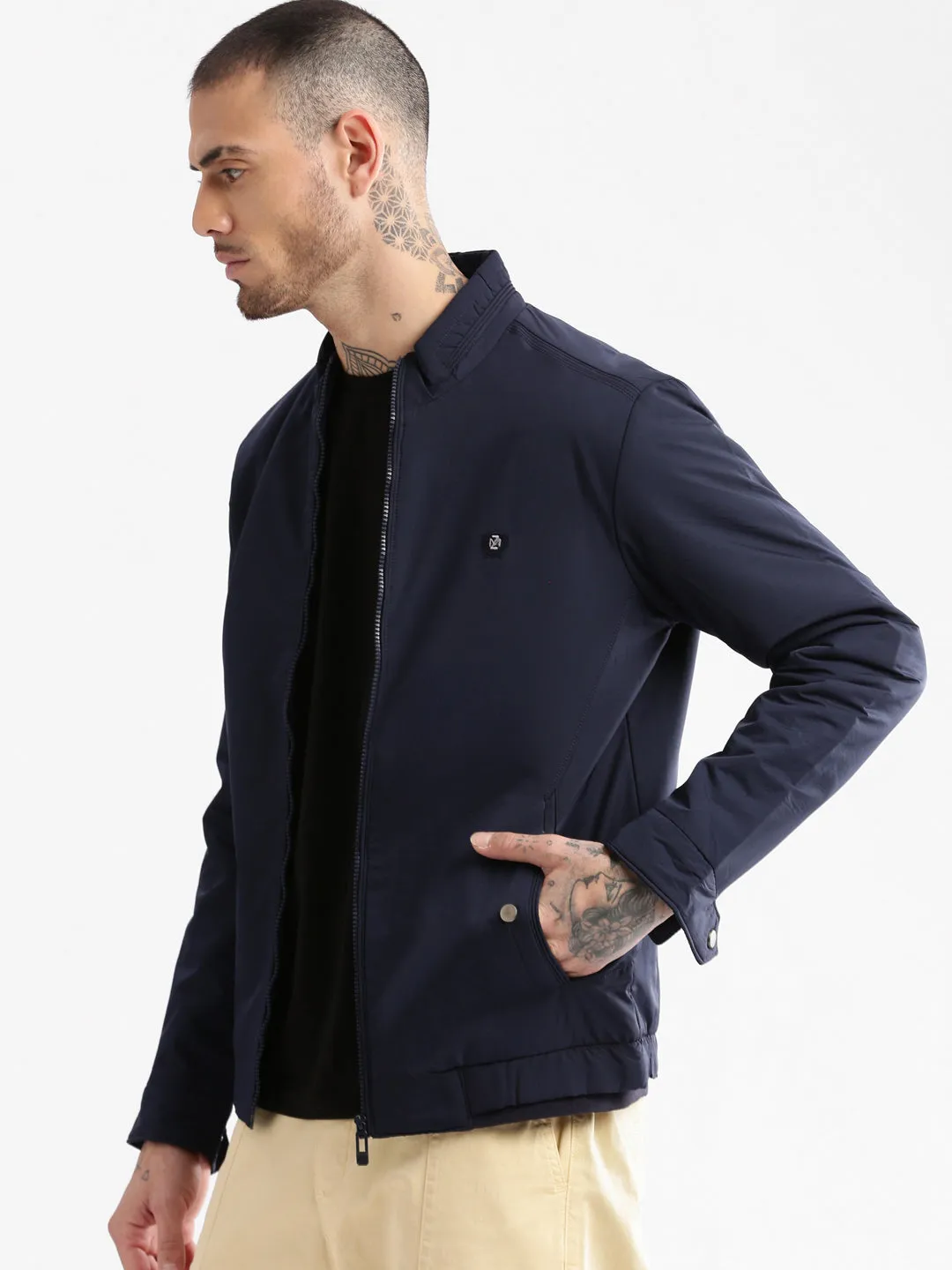 Men's Mock Collar Navy Blue Classic Bomber Jacket Mesh Lining