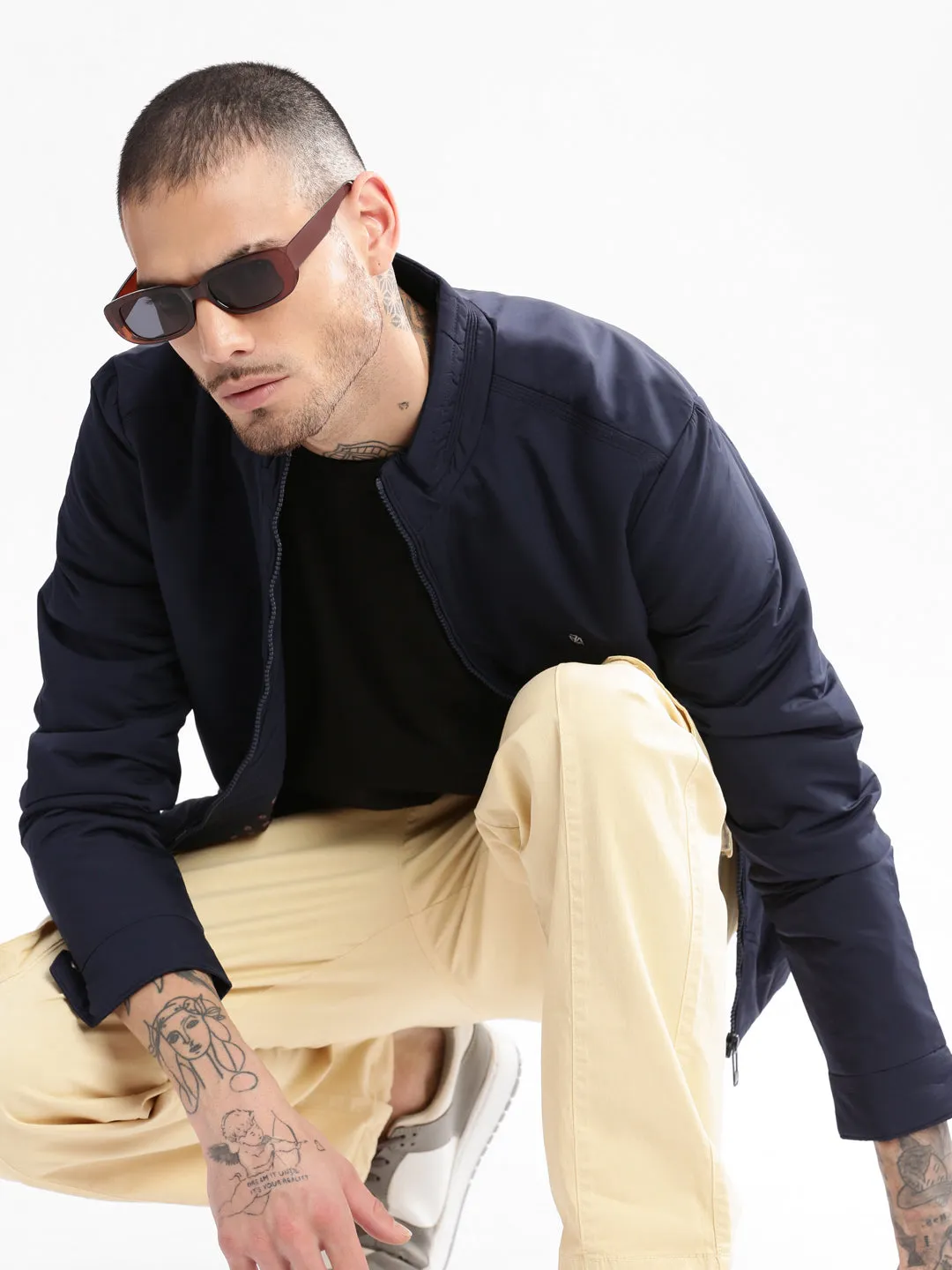 Men's Mock Collar Navy Blue Classic Bomber Jacket Sealed Seam Construction