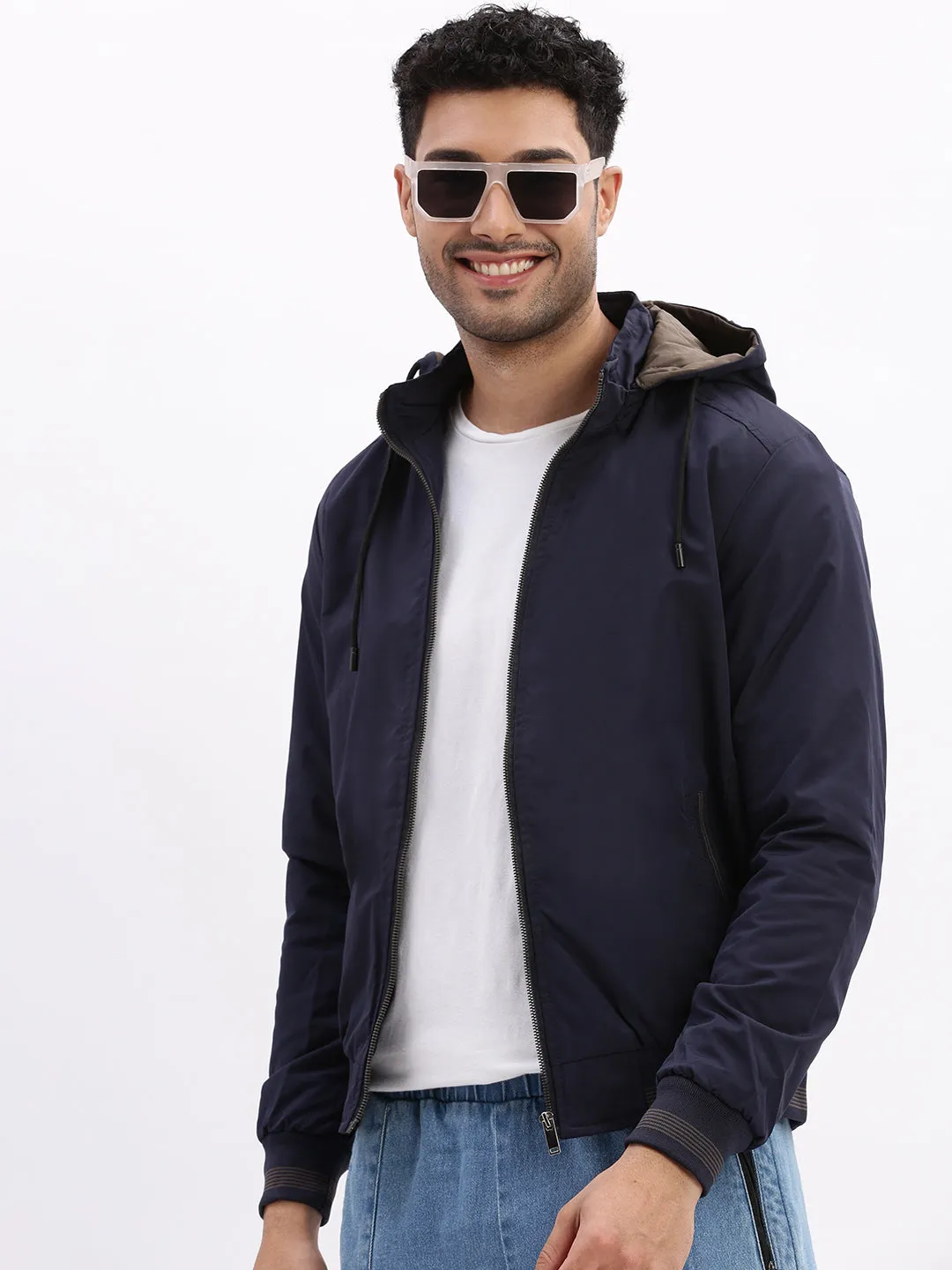 Zipper Closure System Double Layered Hood Men's Mock Collar Navy Blue Solid Bomber Jacket comes with Detachable Hoodie