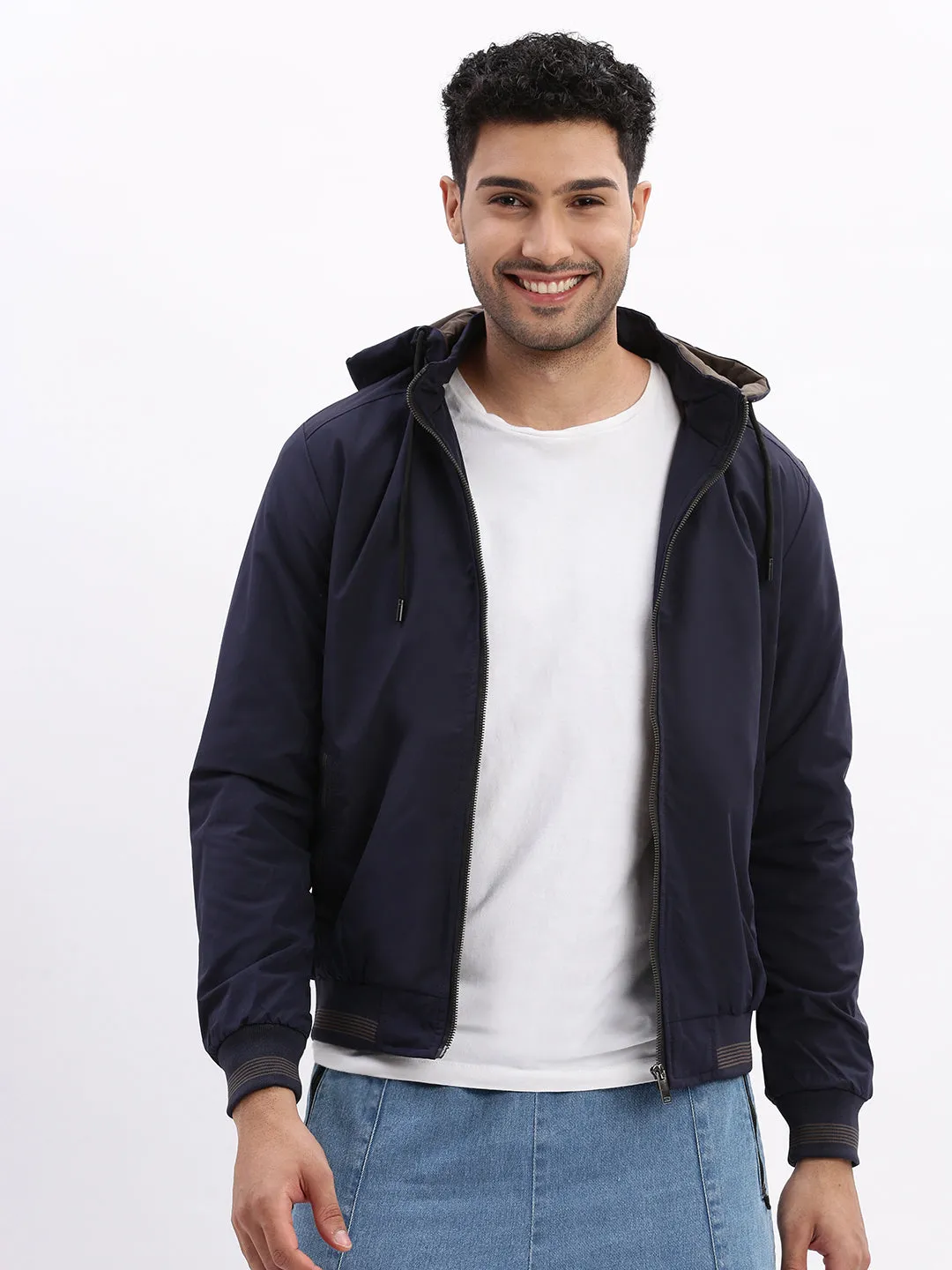 Hypoallergenic Textile Men's Mock Collar Navy Blue Solid Bomber Jacket comes with Detachable Hoodie