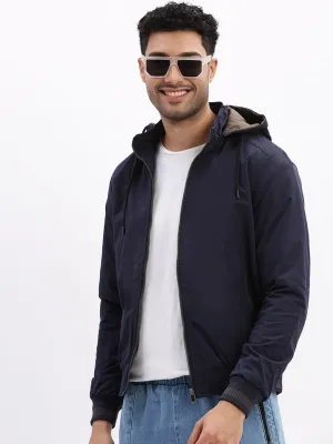 Zipper Closure System Double Layered Hood Men's Mock Collar Navy Blue Solid Bomber Jacket comes with Detachable Hoodie